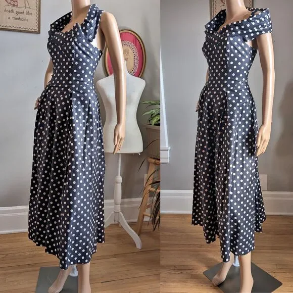 NWT Vintage 90s Laura Ashley Maxi Dress Navy Polka Dot Cottagecore Size 4 - Picture 3 of 16